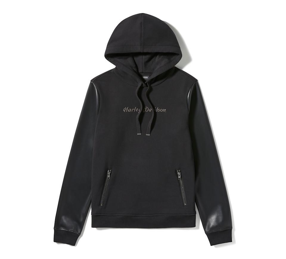 Harley Davidson Faux Leather Sleeve Pullover Hoodie - Harley Black